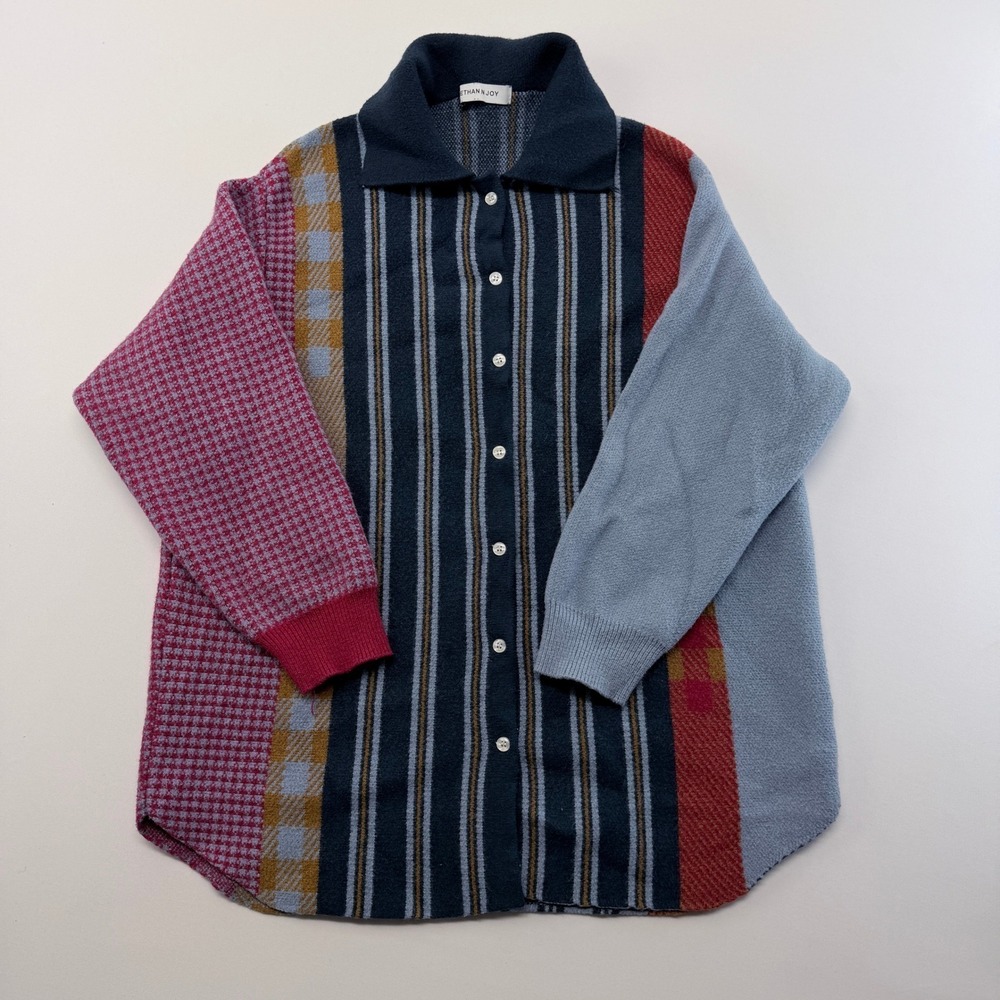 Ethan N Joy Colorblock Mixed Pattern Knit Button Cardigan Sweater Navy Red Blue